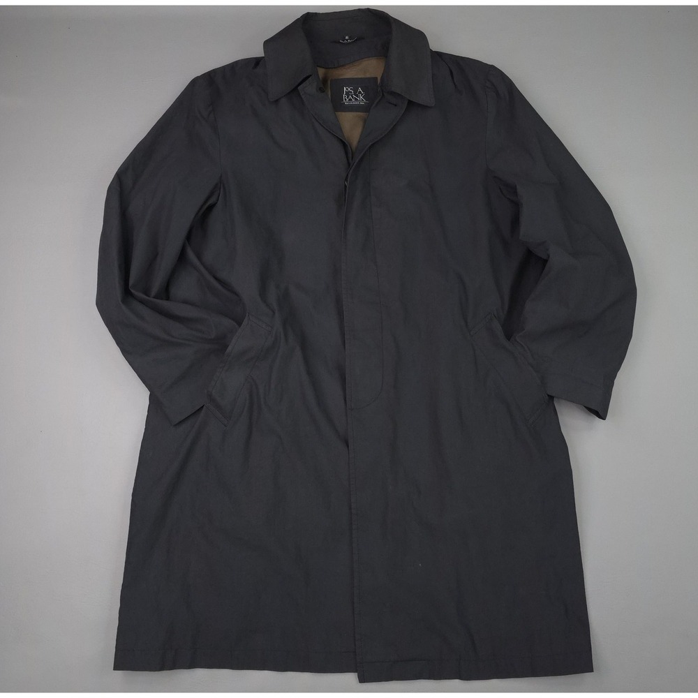 Jos A Bank Coat Mens 46L Black Cotton Blend Rain Overcoat Long Removable Liner